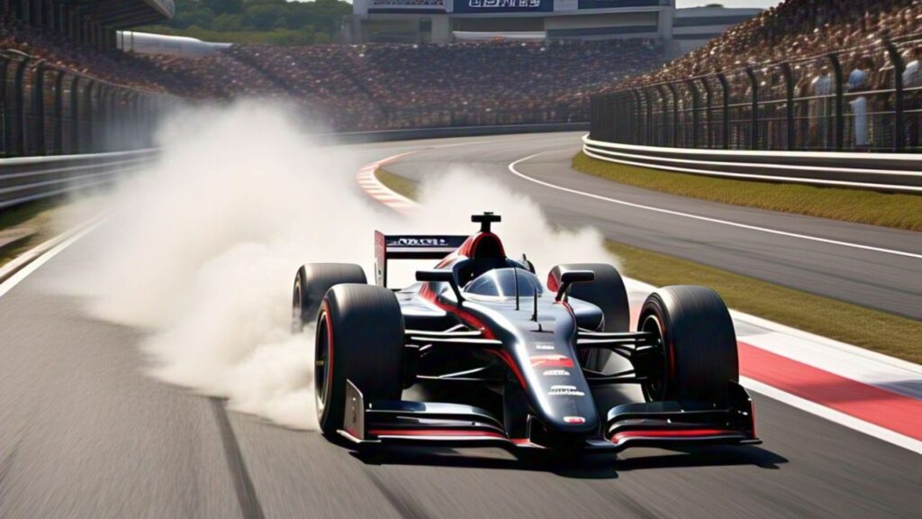A black and red Formula 1 race car drifts around a corner at the Qatar Grand Prix 2026, kicking up a large cloud of white smoke as spectators watch from the T16 Grandstand behind a fence.